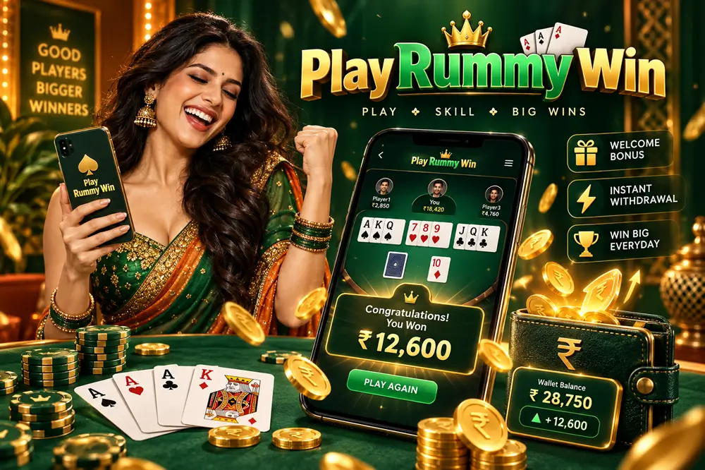 Play Rummy Win banner: woman at a rummy table holding the app beside a phone showing a winning 13-card hand