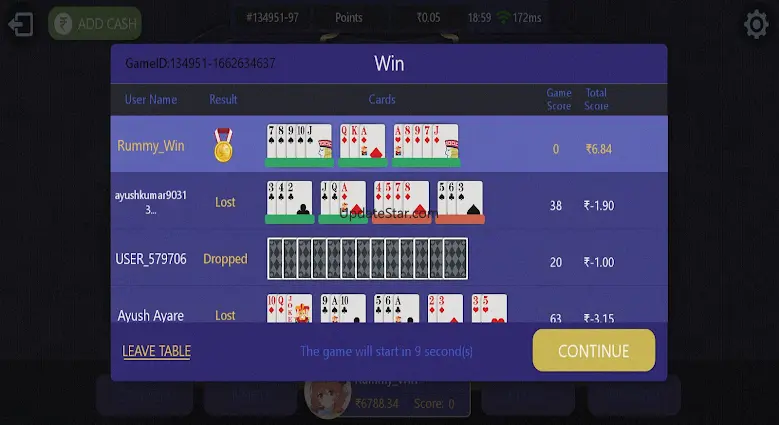Rummy Win Points result screen with winner cards, drop penalty 20 and losing scores