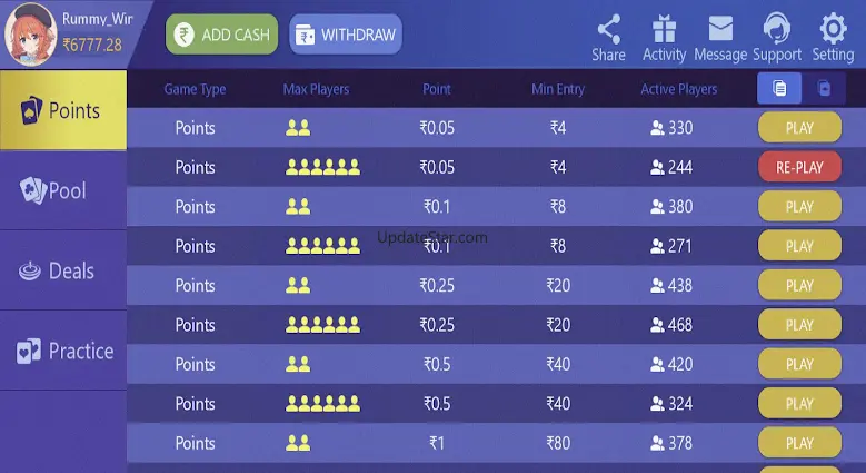 Rummy Win Points tables listing point value, min entry, active players, Add Cash and Withdraw
