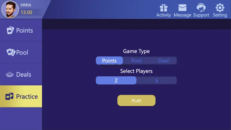 Rummy Win practice lobby with Points, Pool and Deals game types and 2 or 6 players