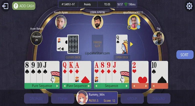 Rummy Win 13-card table showing two pure sequences, a sequence, closed deck, Drop, Finish, Group and Discard